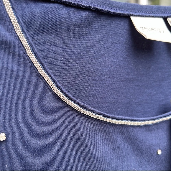 Chico’s Navy Blue Rhinestone Long Sleeve Shirt Silver Size 0 Small NWT - Picture 7 of 9